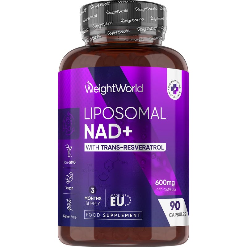 مكمل NAD+ ليبوزومال من WeightWorld | 600 ملغ | 90 كبسولة | إمداد لمدة 3 أشهر | مع 100 ملغ من ترانس-ريسفيراترول و 250 ملغ من مركب الفوسفوليبيد | نباتي وخالي من الغلوتين | مكمل NAD ريسفيراترول